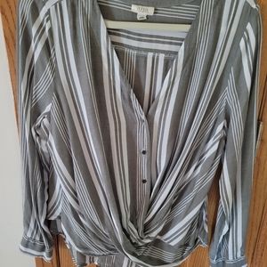 Blouse, long sleeve w/button closure. Kind of an "army-green" & cream color. LG